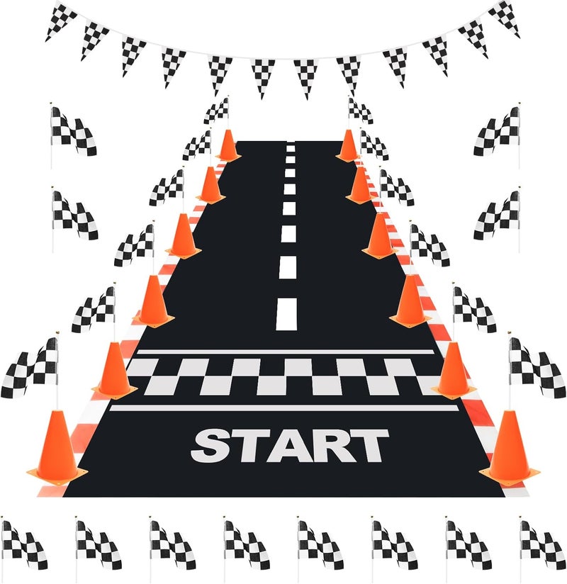 Anglekai 12+24 Traffic Cones and Racing Checkered Flags, 24 Checkered Flags with Sticks/ 12 Plastic Traffic Cones/ 9.8Ft Checkered Pennant Banner/ 6.56Ft Racetrack Floor Running Mat for Theme Party - Image 1